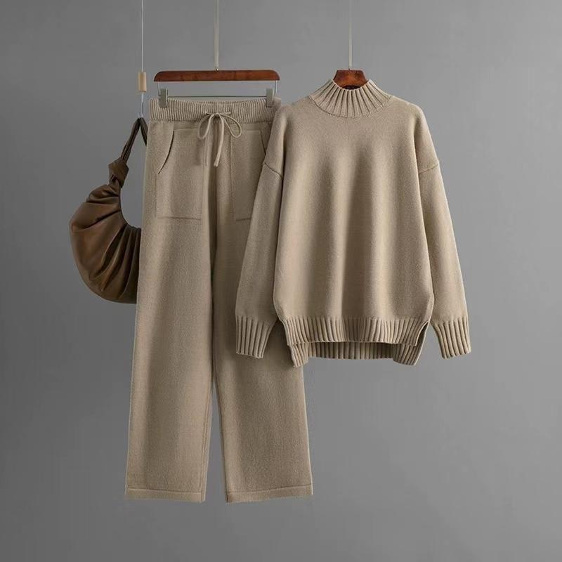 Fashion Winter Knitting Mock Neck Sweater Pants Suit Knited Sweater and Pants Set