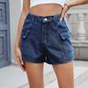 Women's Fashion Solid Color Pocket Button Pocket Elastic Waist Casual Denim Shorts