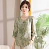 Women's Spring & Summer Thin Chinese Style Printed Shirt, Mom's 3/4 Sleeve Round Neck Cardigan Top