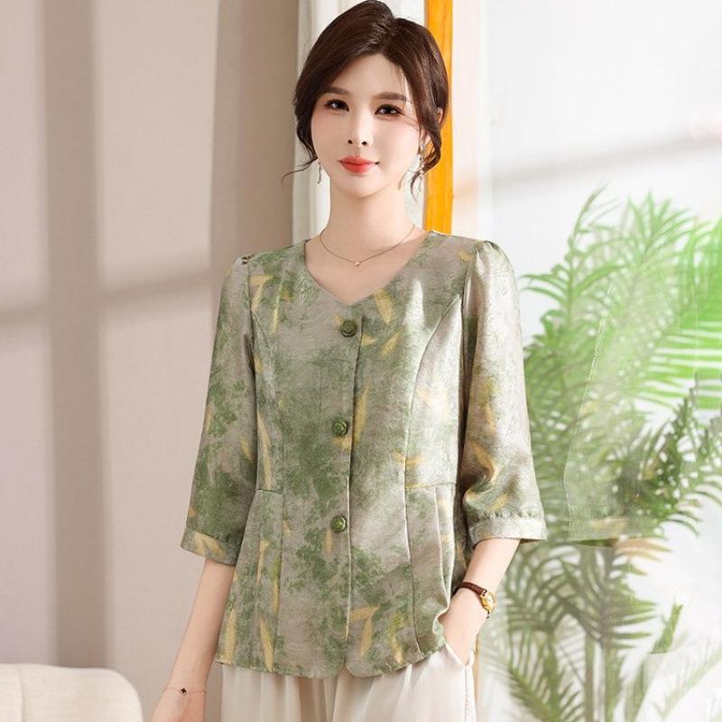 Women's Spring & Summer Thin Chinese Style Printed Shirt, Mom's 3/4 Sleeve Round Neck Cardigan Top