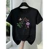 New Women Round Neck Short Sleeve T-Shirt Floral Bouquet Peace Print Black White Grey Stretchy All-Season Casual Trendy Valentine New Year Gift Top