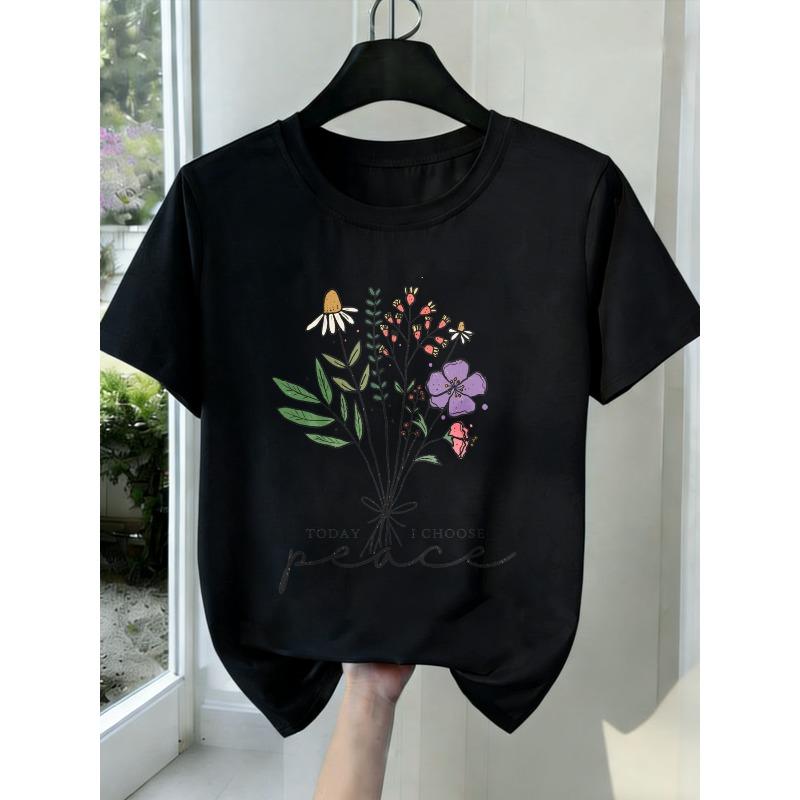 

New Women Round Neck Short Sleeve T-Shirt Floral Bouquet Peace Print Black White Grey Stretchy All-Season Casual Trendy Valentine New Year Gift Top 4XL чорний