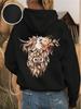 2026 Neue Damen-Hoodies Herbst Winter Schwarze Basis Beige Schottisches Kuhmuster Kordelzug Kapuze Lockerer Pullover Gefüttert Verdickt Winter H