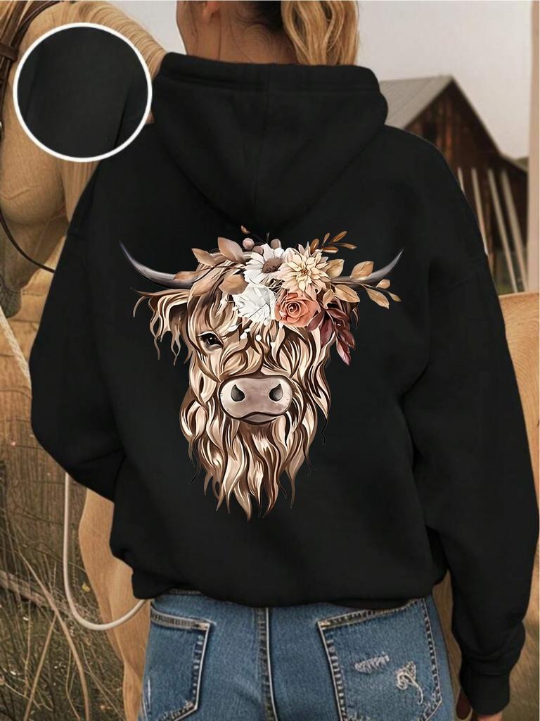 2026 Neue Damen-Hoodies Herbst Winter Schwarze Basis Beige Schottisches Kuhmuster Kordelzug Kapuze Lockerer Pullover Gefüttert Verdickt Winter H