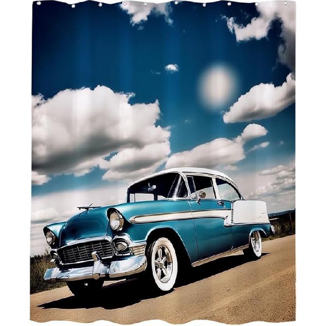 Cool Retro Car Shower Curtain Vintage Antique Car Sunset Cloudy Theme Fabric for Men Boys Bathroom Decor Sets with Hooks Waterproof Washable 72 x 72