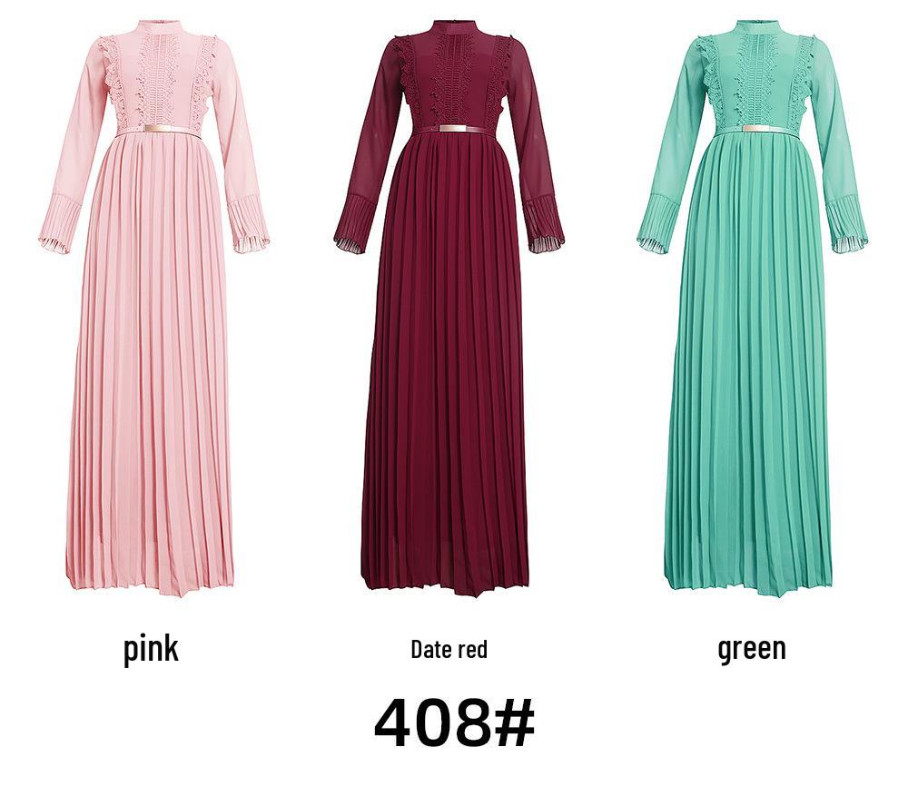 African Women's Muslim Long Sleeve Chiffon Pleated Skirt Dress with Belt