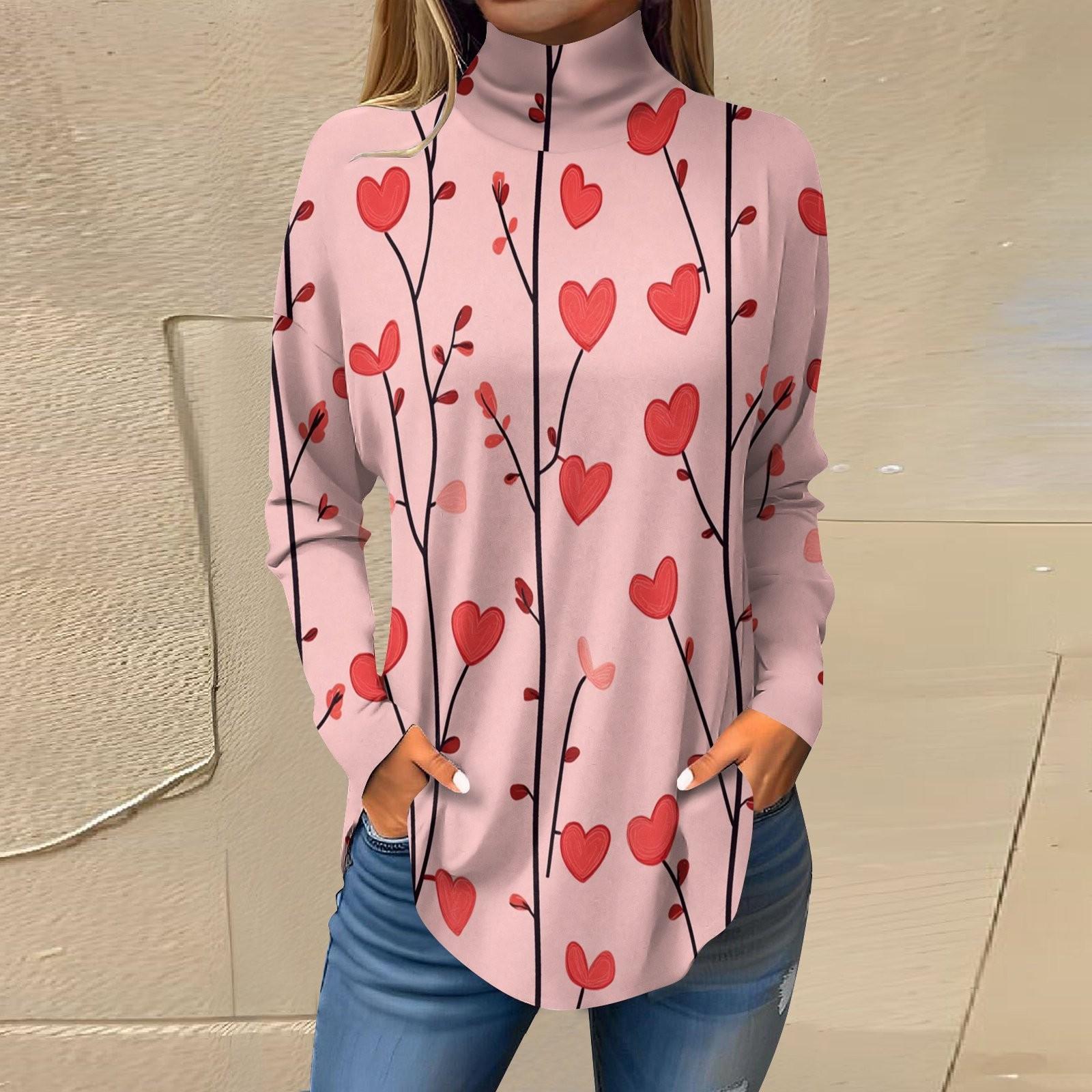 

Футболки для женщин, осенние повседневные рубашки с длинным рукавом, толстовка с принтом, топ с высоким воротом, пуловер XL арбуз красный