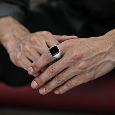 Vintage Black Onyx Signet Ring Mens Stainles Steel Classical Plain Square Husbands Man Anel