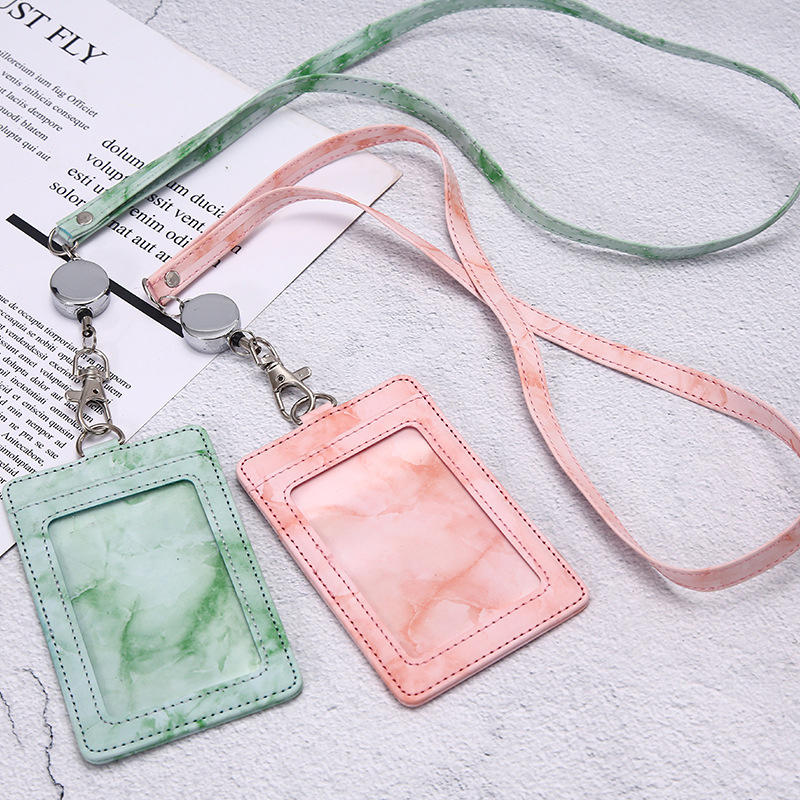 PU ID Card Holder Transparent Badge Holder With Card Slot Three Fold Card Holder Marble Patterned Neck Hanging Card Sleeve