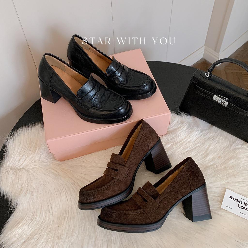 Cowhide~ Height Increase 7cm Retro Leather Thick Heel Loafers Women's Round Head High Heel Single Shoes Lazy Person Pedal Small Leather Shoes