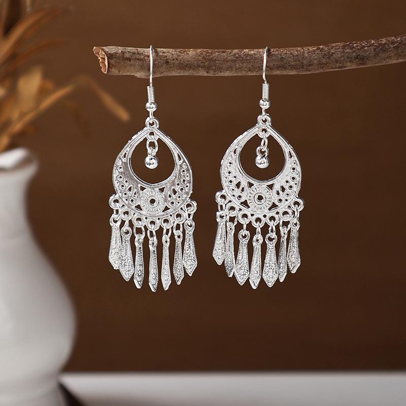 Ethnic Miao Silver Tassel Earrings - Retro Long Dangle Scenic Studs for Women