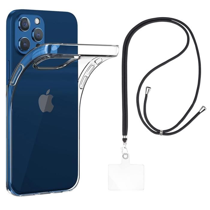 Case and Neck Strap for iPhone 13 PRO MAX - Transparent Soft TPU Adjustable Black Cord Phonillico®
