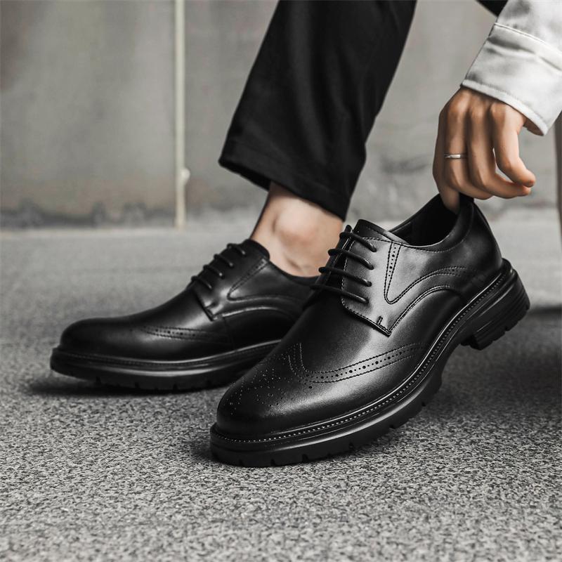 Men Brogues Fashion Lace Up Leather Casual Shoes Spring and Autumn Round Toe Solid Platform Mid Heel Water Proof Loafers