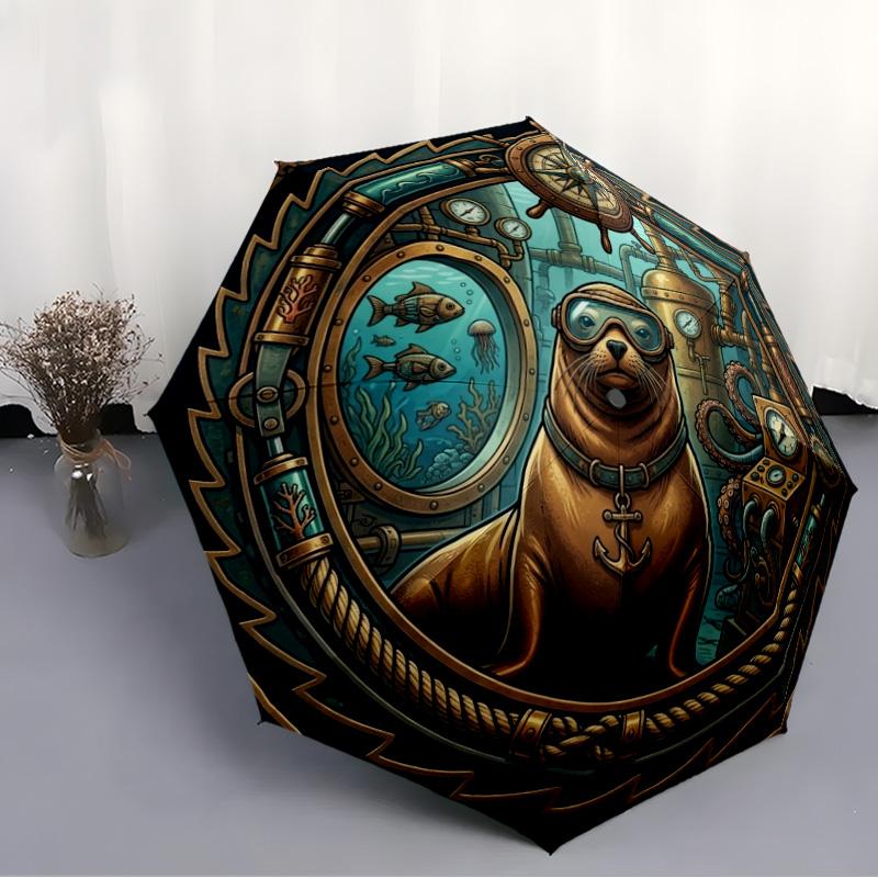 Steampunk Seal Adventure pattern umbrella, portable and foldable design, 8 ribs, a casual accessory for Halloween, Christmas, and birthday gifts.