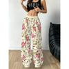 Women's Fashion Casual Trousers Light Yellow Base Color Pink Rose Floral Print Wide-leg Trousers