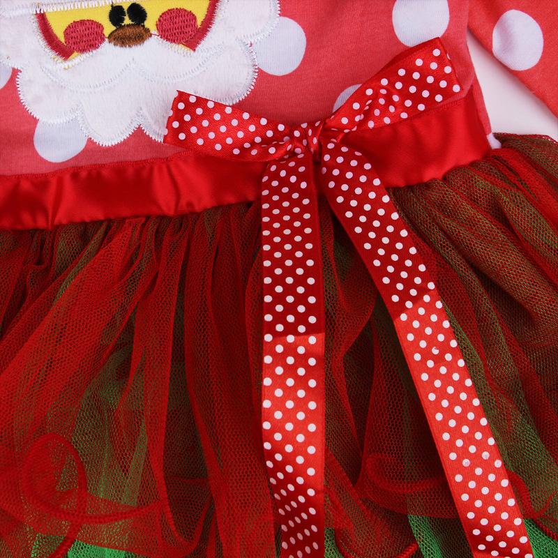 Dětské evropské a americké vánoční krajkové princeznovské šaty s mašlí Santa Claus (Dlouhý rukáv)