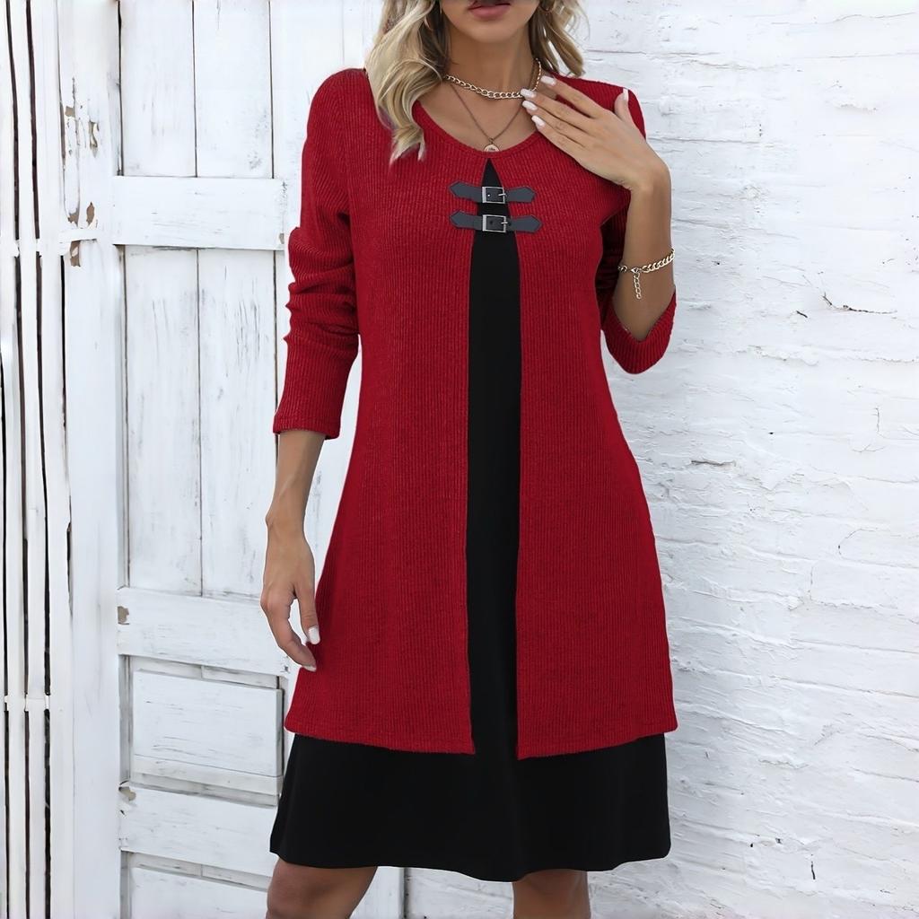 Жіноча сукня-комбінезон з кольоровими блоками, з круглим вирізом, з довгими рукавами, на ґудзиках, повсякденна елегантна сукня