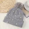 Fashion Winter Pearls Rhinestone Beading Rivet Knitted Mao Line Hat Women Thickened for Keep Warmth Fluffy Fur Ball Ear Protection Knitted Hat