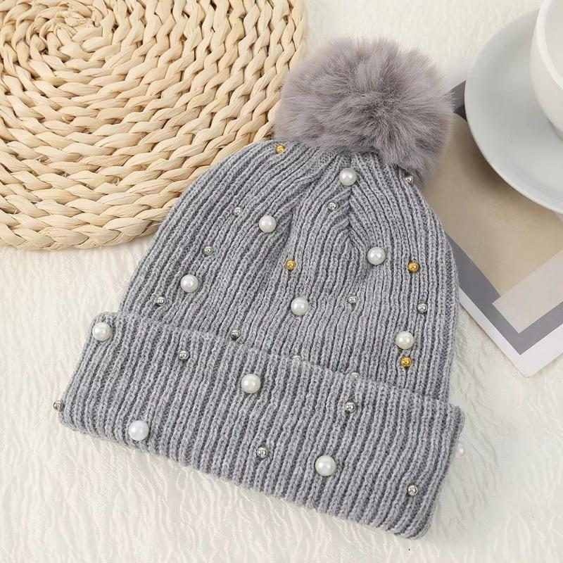 Fashion Winter Pearls Rhinestone Beading Rivet Knitted Mao Line Hat Women Thickened for Keep Warmth Fluffy Fur Ball Ear Protection Knitted Hat