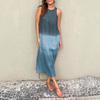 Summer Gradient Casual Cotton Linen Sleeveless Slit Dress for Women, European American Style Ladies Sundress