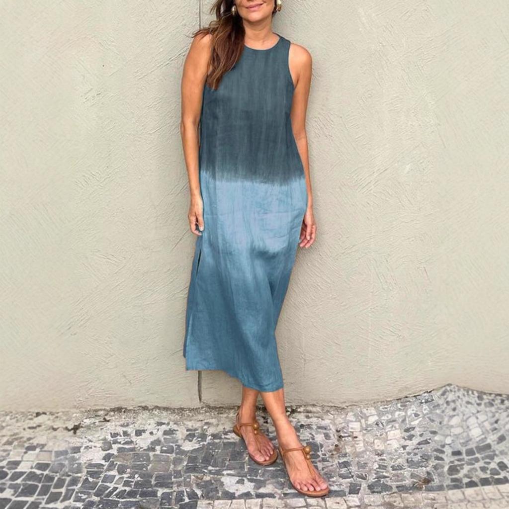 Summer Gradient Casual Cotton Linen Sleeveless Slit Dress for Women, European American Style Ladies Sundress