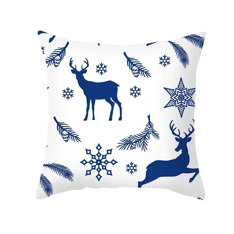Blue Christmas Cushion Cover Christmas Elk Snowflake Print Pillowcase Sofa Ornaments Bedroom Home Decor New Year Gift