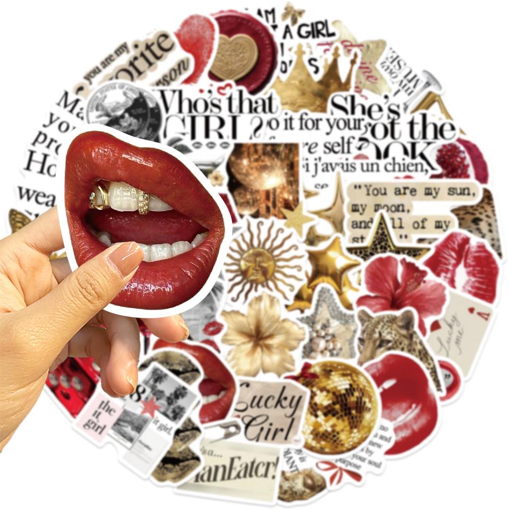 50 Gold & Rote Ästhetische Sticker: Englische Graffiti, Handyhülle, Scrapbook-Dekoration, Selbstklebend, Wasserdicht