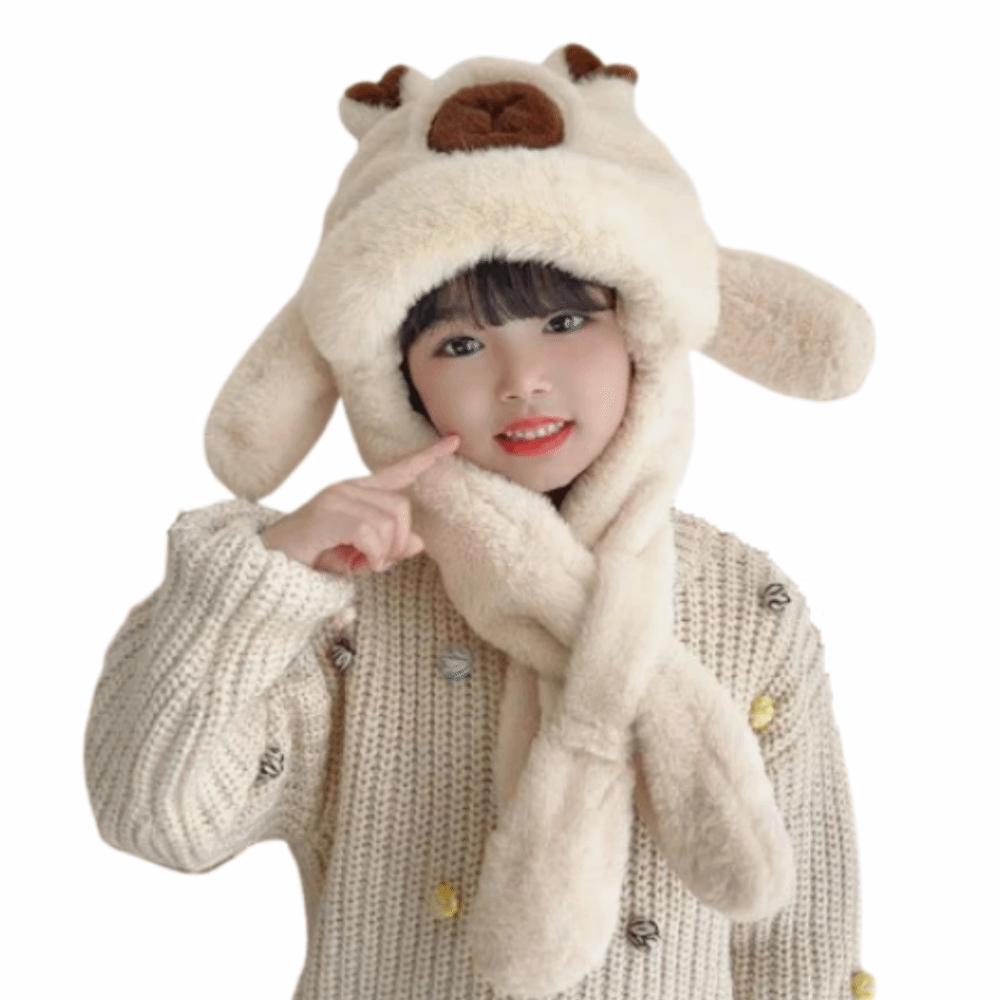 Movable Ears Kids Ear Protection Hat Funny Kids Winter Warm Hat Cute Capybara Hooded Scarf  Outdoor