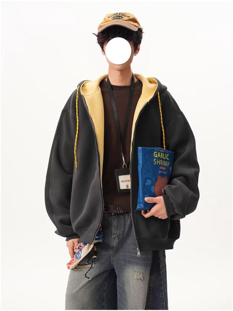 Moletom Color Block Unissex de Outono: Jaqueta Esportiva Solta Estilo College com Zíper Duplo