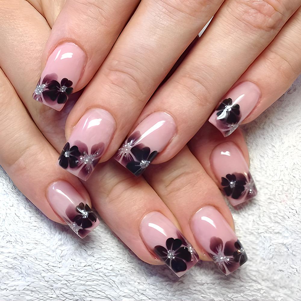 24Pcs Medium Coffin Press On Nails French Tips With Fairy Flower Charms