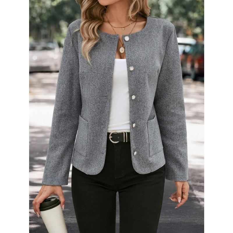 Women's Casual Black Jacket - Relaxed Fit Round Neck Solid Color Outerwear, Machine Washable & Dry Cleanable,