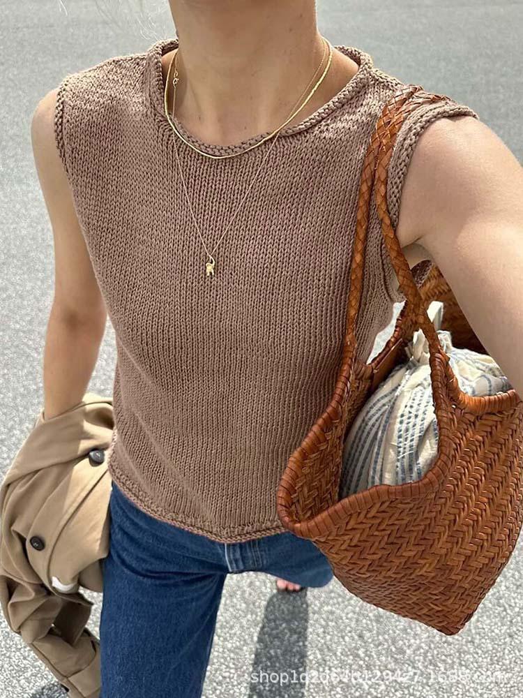 Women's Retro Red Round Neck Hollowed Knit Vest - Summer Sleeveless Style