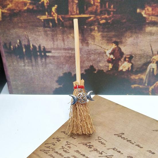 Mini Witch Broom Car Pendant Wooden Halloween Ornament for Rearview Mirror 1:6/1:12 Miniature Doll Houses Scale Accessory
