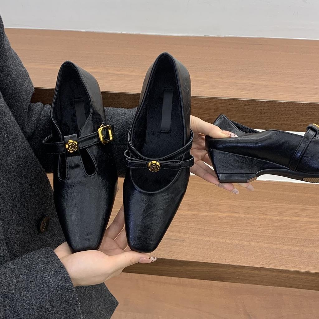 Black Fluffy Shoes Thick Heel Camellia Mary Jane Retro Small Leather Shoes Small Velvet Single Shoes Women's Cotton