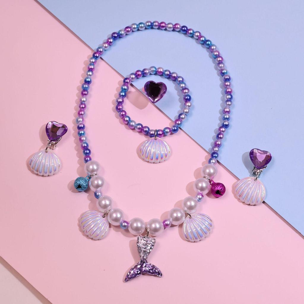 Colar de Pérolas de Sereia e Conjunto de Acessórios de Princesa para Meninas - Conjunto de 5 Peças para Presente de Feriado