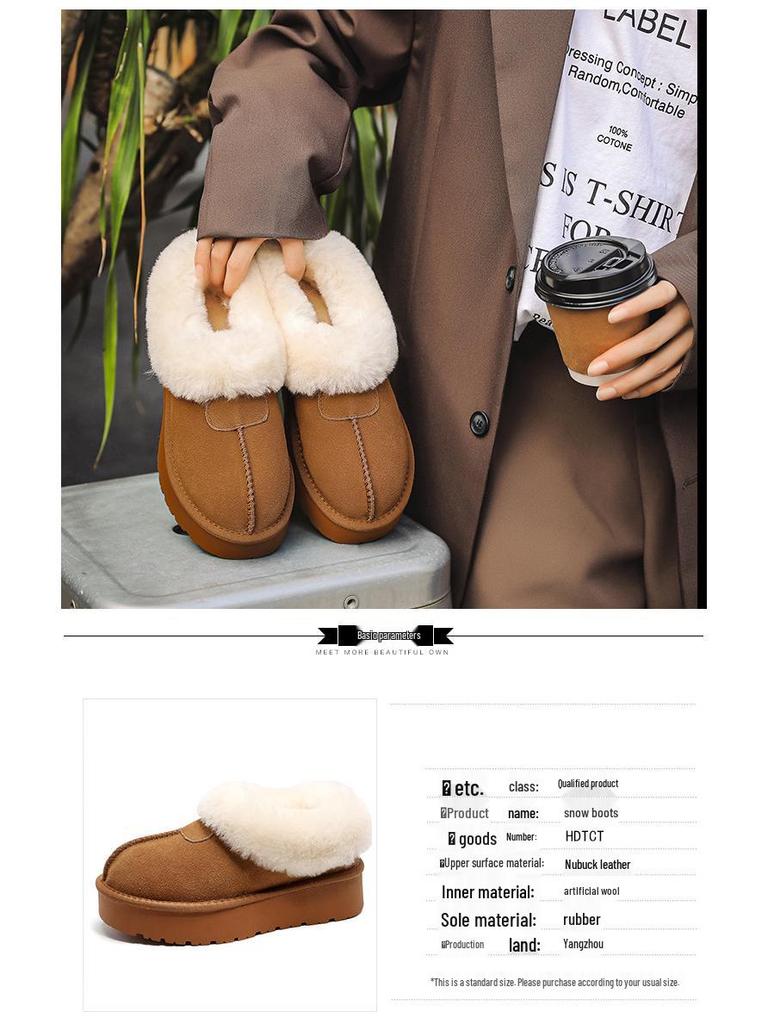 Women's Genuine Leather Thick-Soled Snow Boots, Non-Slip, Warm, with Plush Wool and Velvet Lining.