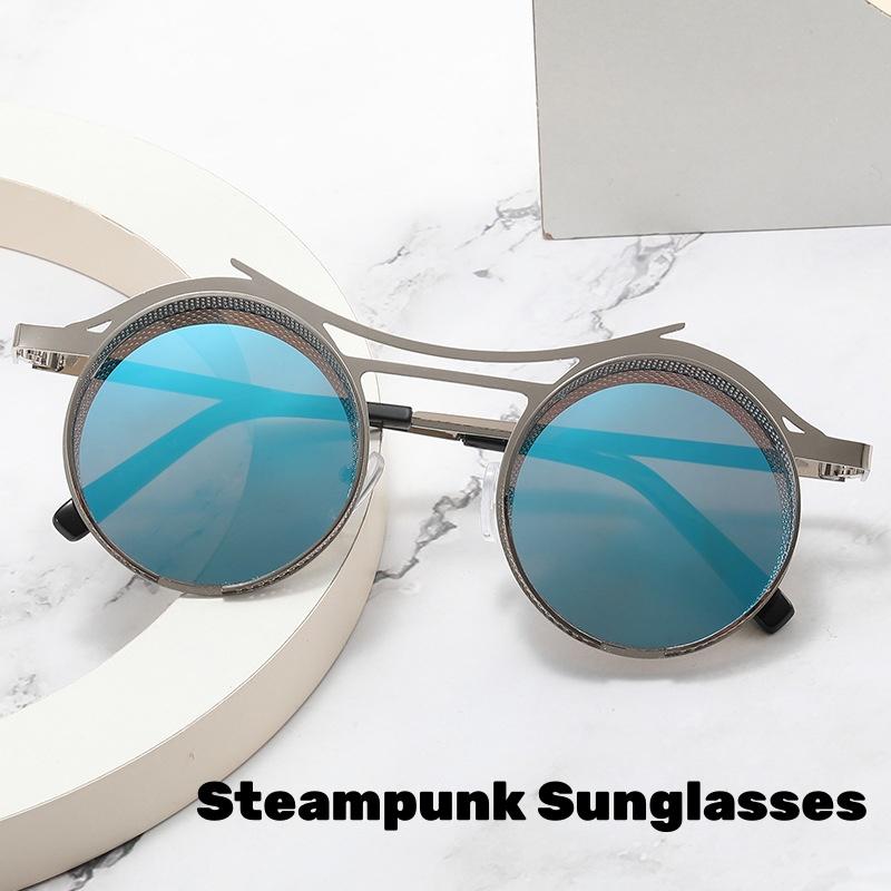 Fashion Steampunk Round Sunglasses for Women Men Vintage Hollow Mesh Surface Outdoor UV400 Protection Beach Shades Sun Glasses