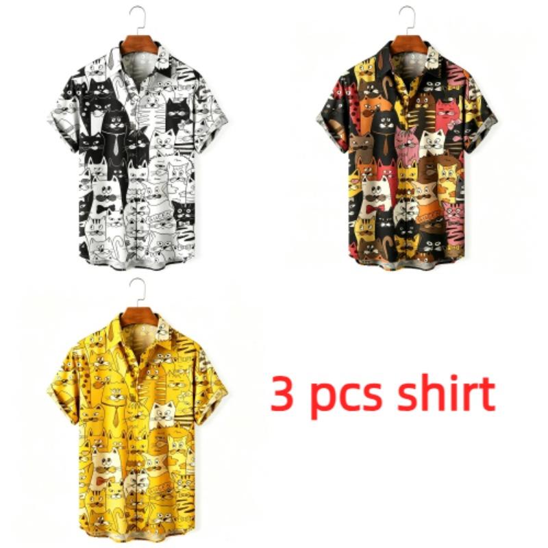 Summer Fashion Anime Cartoon Animal Cat Printing Shirt Hawaiian Beach Vacation Clothing Men's Street Style Shirt Daily Men's and Women's Shirt
