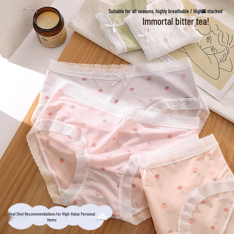 Sweet Strawberry Print Lace Trim Seamless Teen Girl Panties - Comfortable, Breathable, Mid-Waist Briefs