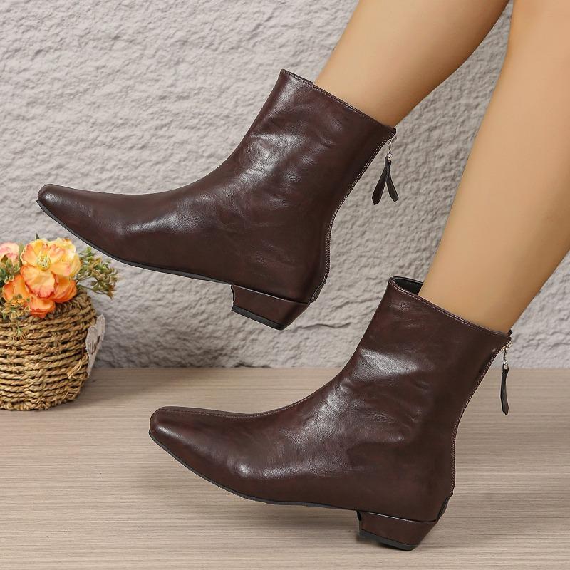 Back Zip Booties Fashion Square Toe Spliced Soft Sole Anti-Slip Wear-Resistant Block Heel Single Boots