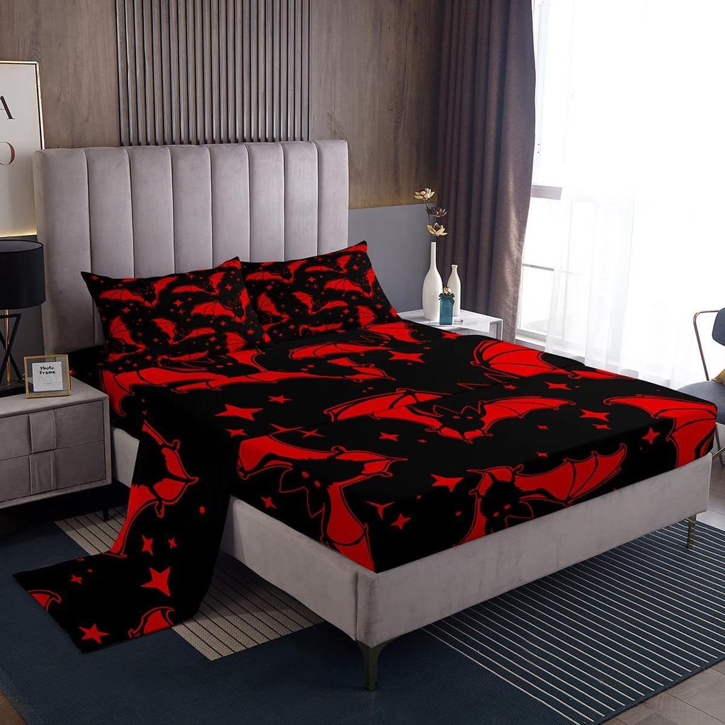 Halloween Bat Pattern Bed Hat Four-Piece Bedding Set Bedroom Dormitory Bedding Decoration