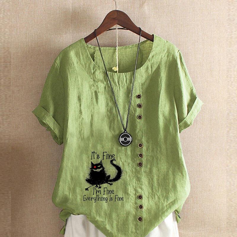 Women's Fashion Black Cat Prined Short Sleeve T-shirt Loose Cotton Shirt Casual Loose Summer Blouse Tops Plus Size