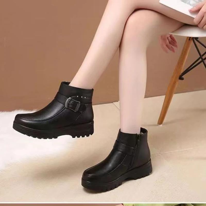 2024 Winter New Leather Boots Woman's Gaobang Flat Bottom Shoes Trend Warm Cotton Shoes Soft Bottom Non-slip Wool Women Boots