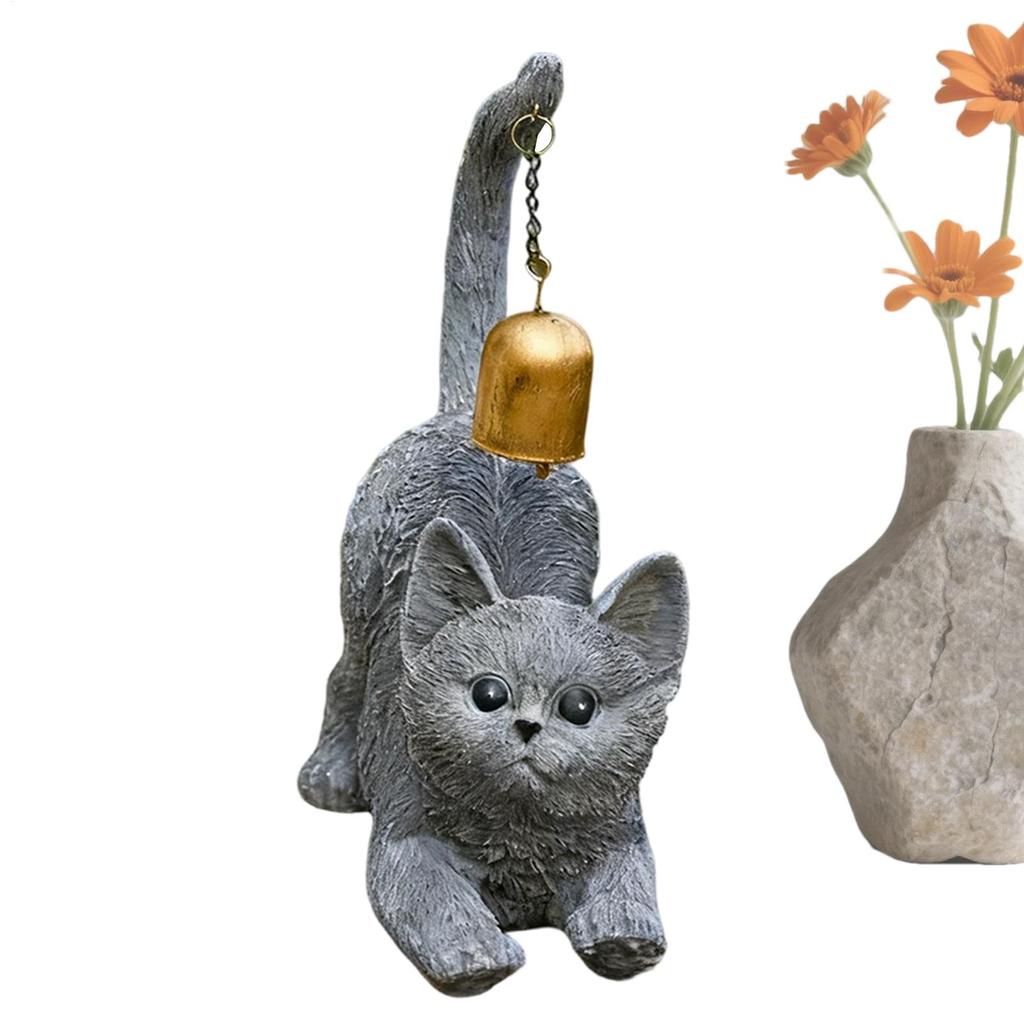 Cat Stretching Statue Resin Cat Figurine With Bell On Tail Outdoor Animal Sculptures For Yard Entryway Desk Living Room Balcony