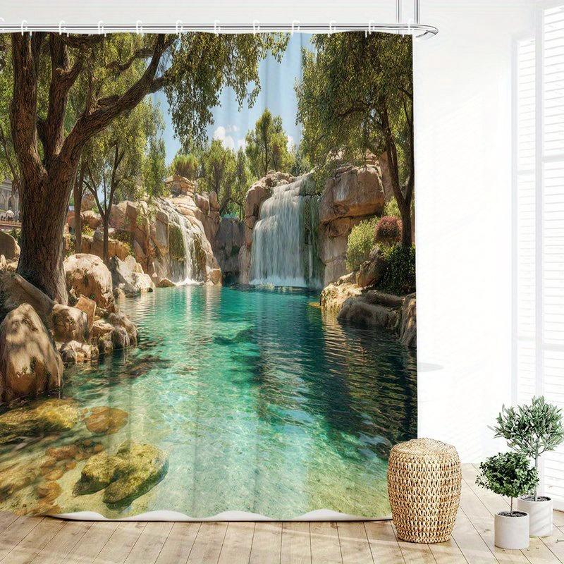 Sunlit Waterfall Shower Curtain Turquoise Pool Rock Walls Lush Trees Polyester Machine Washable with 12 Hooks for Bathroom Decor
