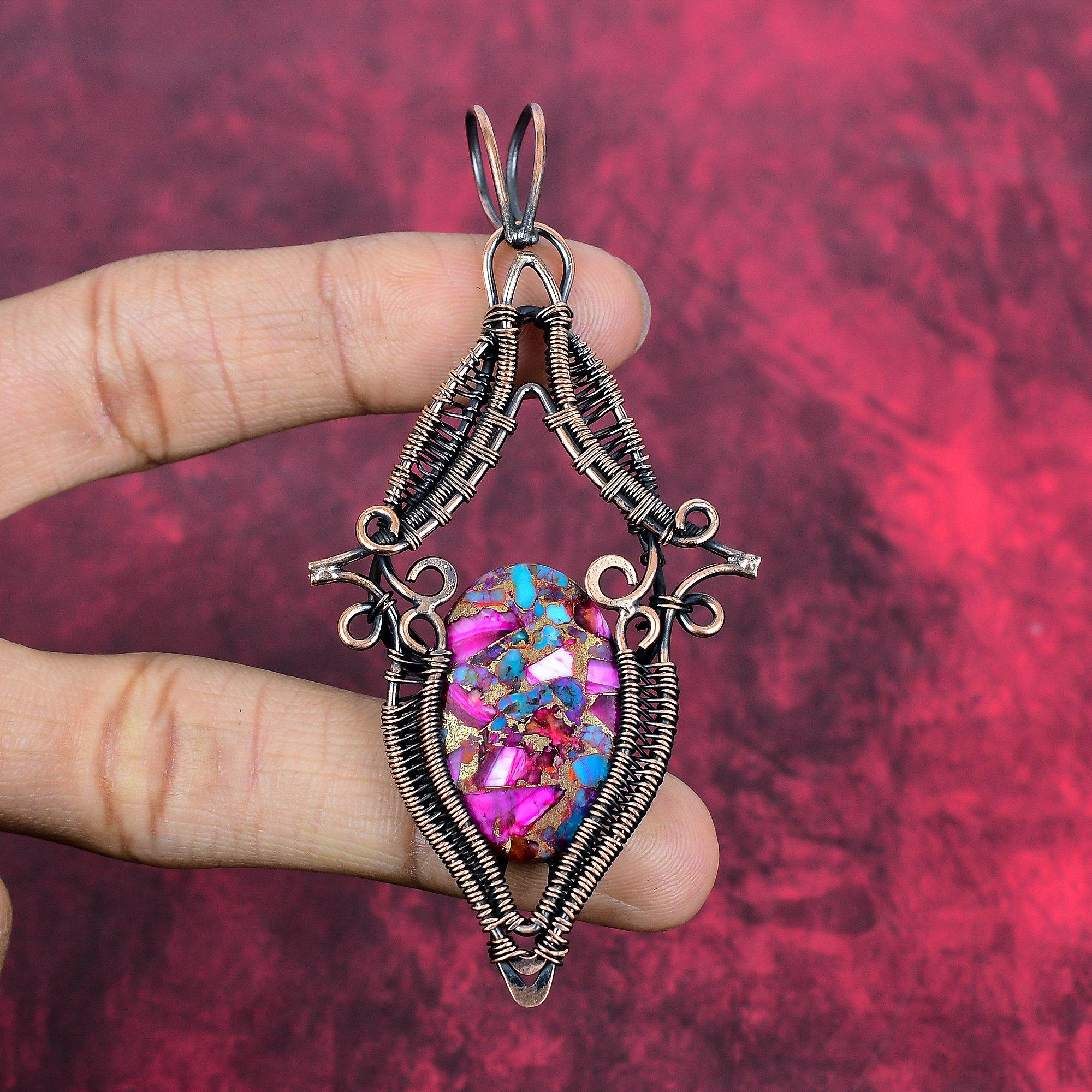 Natural kingman pink dahlia turquoise pendant copper wire wrapped pendant gemstone pendant copper jewelry handmade pendant anniversary gifts