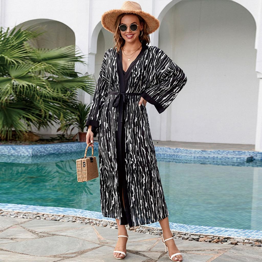 Cotton print resort beach jacket sunscreen cardigan long bikini top swimsuit blouse