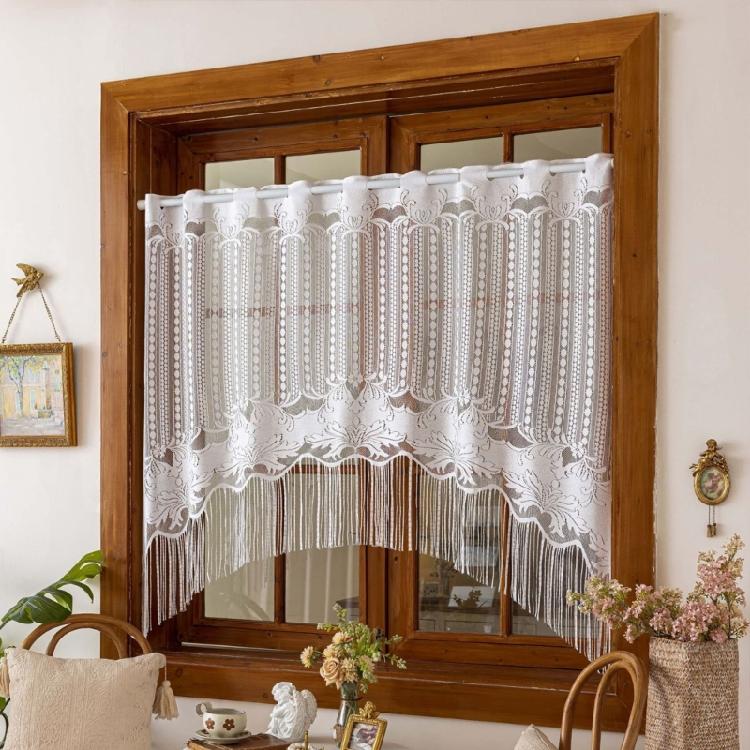 White Lace Fringed Valance Semi Sheer Half Curtain with Hole Easy Hanging for Room Partition Light Filtering Decors