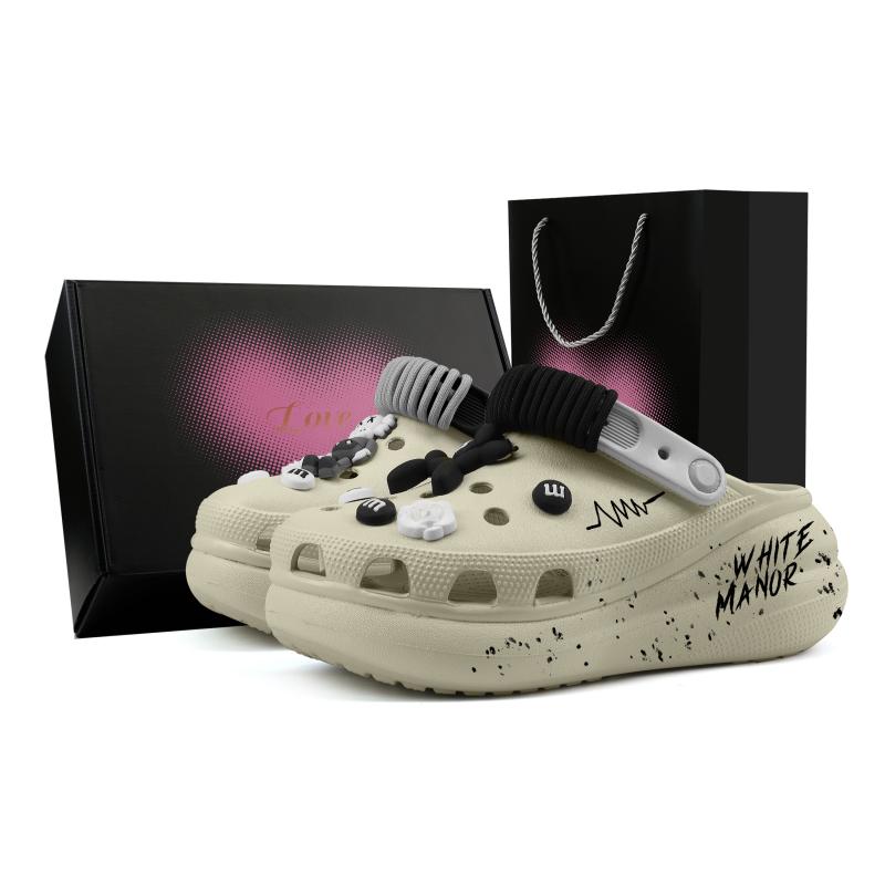 Crocs Crush Clog EVA Cute English Graffiti Splash Ink Simple Sesame Street Gift Box Hole Shoes Unisex Bone White