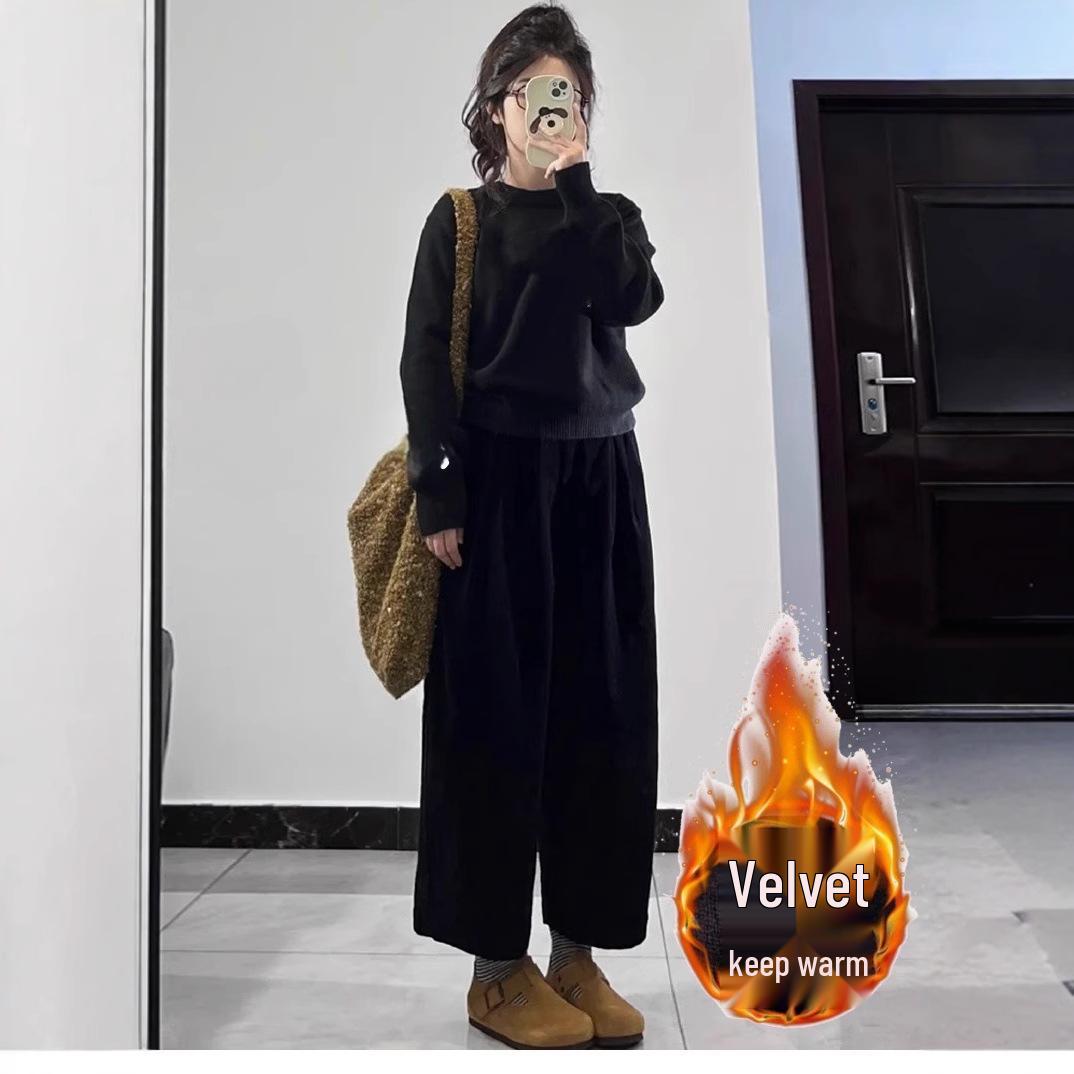 

Floral Fleece-Lined Corduroy Wide-Leg Grandma Pants - Petite, Plus Size, Hip-Covering, Slimming S (up to 45 kg)